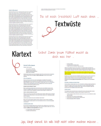 Beispielbild zeigt zwei Texte, einmal als Textwüste und einmal als strukturierte Ansicht mit Zwischenüberschriften und Fettungen.
